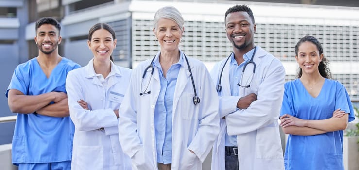 Doctor team, city and portrait with happiness from healthcare and wellness workers. Urban, nursing people and happy clinic group with doctors motivation and support with expert and diversity staff.