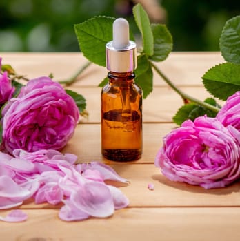 rose flower and essential oil. Spa and aromatherapy. Selective focus