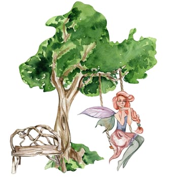 Composition with forest fairy, green tree and bushes . Watercolor hand drawn illustration . Perfect for greeting card, poster, wedding invitation, party decor.