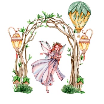 Composition with forest fairy, green tree and bushes . Watercolor hand drawn illustration . Perfect for greeting card, poster, wedding invitation, party decor.