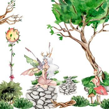 Composition with forest fairy, green tree and bushes . Watercolor hand drawn illustration . Perfect for greeting card, poster, wedding invitation, party decor.