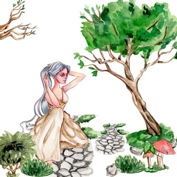 Composition with forest fairy, green tree and bushes . Watercolor hand drawn illustration . Perfect for greeting card, poster, wedding invitation, party decor.