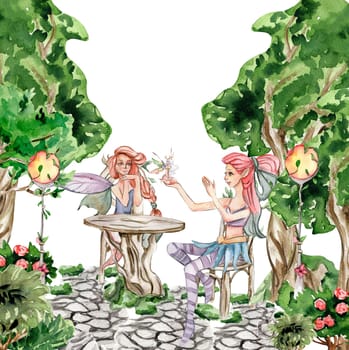 Composition with forest fairy, green tree and bushes . Watercolor hand drawn illustration . Perfect for greeting card, poster, wedding invitation, party decor.