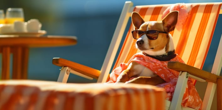 dog heat summertime summer chair beach sunbathing sunglasses russell happy lazy tropical pet glass relax doggy colorful rest vacation funny. Generative AI.