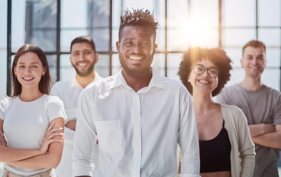 Face of beautiful woman on the background of business people