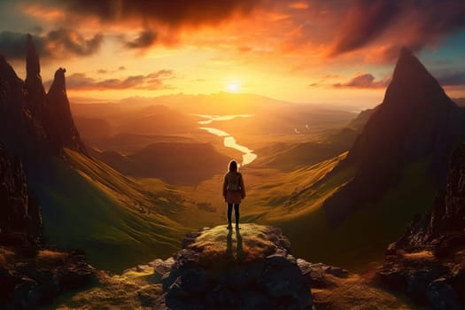 woman blue man adventure back young cliff hill nature person high silhouette hiker rock travel backpack sunset standing vacation sunrise mountain landscape. Generative AI.