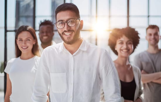 Successful company with happy workers. employees group team portrait