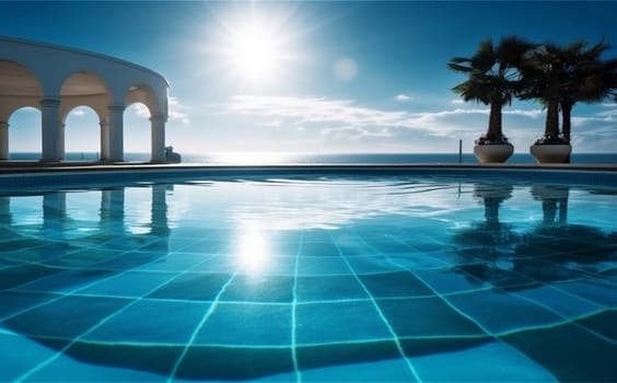 pool water home hotel swimming garden turquoise vacation sun landscaping large summer leisure luxury palm holiday blue tropical backyard relaxation. Generative AI.