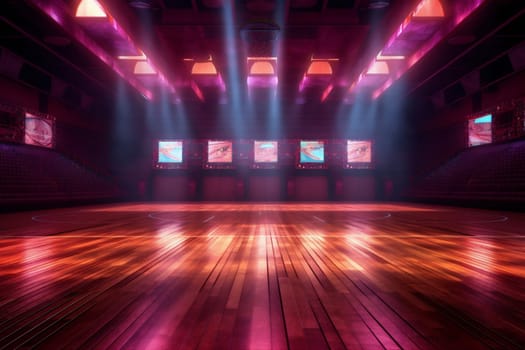 basketball hall illuminated perspective room futuristic neon arena indoor game virtual dark nobody corridor competition stadium wall interior render empty background building. Generative AI.