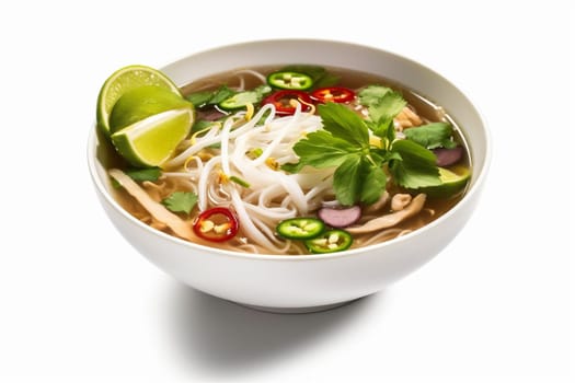 traditional noodle diet plate cooking soup chinese pepper vietnamese lime dish broth isolated asian cookery background food white bowl meat chili. Generative AI.