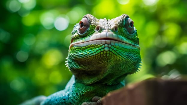 green lizard iguana head creature green portrait scale animal wildlife glasses single reptile close-up iguana tropical pet spike wild crawling skin. Generative AI.