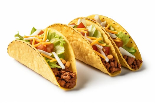 meat white taco on lime copy corn dish food avocado mexican tomato hot isolated white beef white eatery tortilla sauce onion space background vegetable. Generative AI.