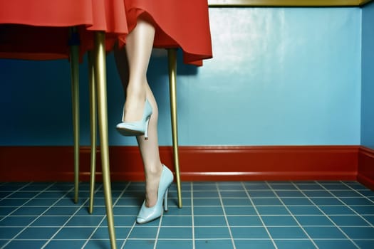 woman heels beautiful red high wear stylish leg elegance colorful shoe different elegant slim blue choice high yellow foot clothes fashion concept. Generative AI.