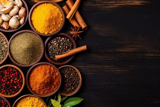 dry organic asian group ingredient table spicy traditional cooking spice turmeric aroma aromatic wooden seasoning background herb powder red food indian. Generative AI.