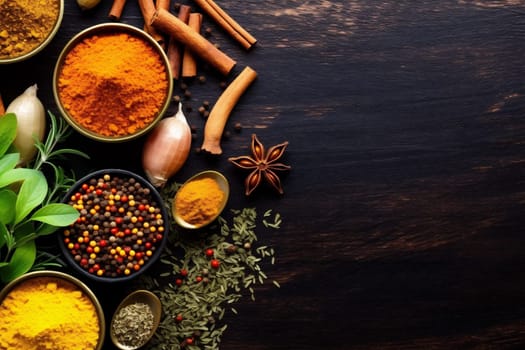 pepper indian condiment black aromatic herb turmeric spicy top food powder spice table organic mix cooking ingredient seasoning wooden background dry. Generative AI.