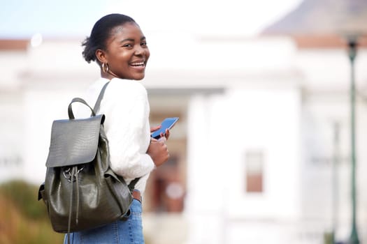Black woman, phone and portrait of student at college, university or person ready for learning, goals or education. Girl, face and happy learner studying on campus or walking outdoor with backpack.
