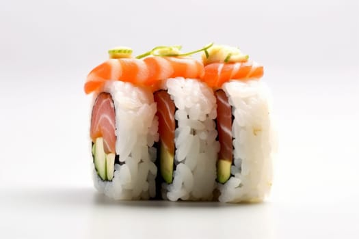 rice diet closeup set healthy maki seafood lunch white food asian avocado salmon eat wasabi dish background roll sushi fish japanese. Generative AI.