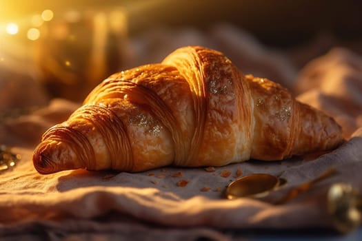 bokeh breakfast food pastry drink bakery brown bokeh dessert hot background croissant france meal morning mug sweet background table delicious cup smoke. Generative AI.