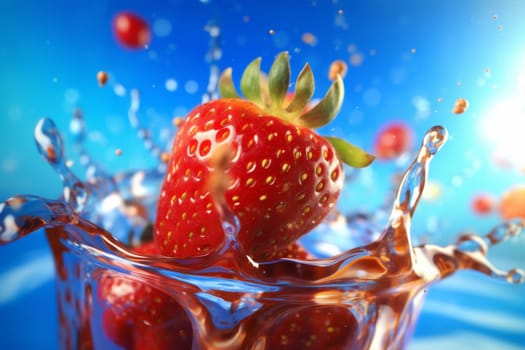 fruit cyan splash freshness air splashing isolated healthy vitamin fresh blue motion food red strawberry bubble water closeup white berry background. Generative AI.