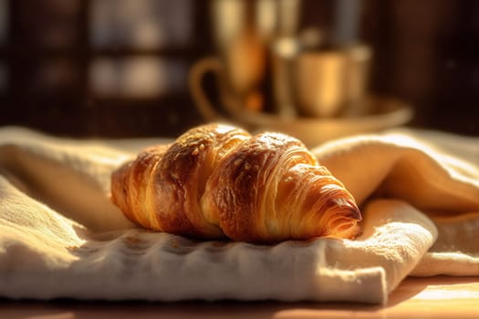 breakfast background table tasty croissant espresso food bakery morning hot bokeh bun freshness cup background drink white cafe fresh france space wooden. Generative AI.