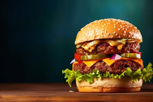cheeseburger cheese lettuce wood food sandwich bar-b-q lunch fat fast closeup hamburger meat beef delicious snack fast grill food classic burger. Generative AI.