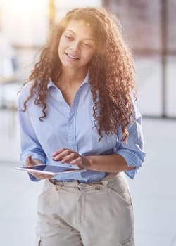 millennial girl employee holding modern tablet device feels happy enjoy break at workplace