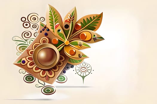 Happy ugadi greeting card background with kalash. Happy Ugadi holiday composition - Hindu New Year festival. Decorated Kalash with coconut, flowers, mango leaves and diya.