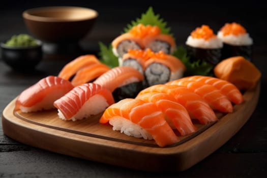 asian tasty rice maki meal avocado freshness japan delicious japanese salmon top seafood set fresh epicure food roll sushi fish. Generative AI.