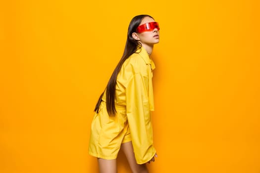 woman trendy yellow attractive sunglasses lifestyle gesture fashion girl happy pretty style lady beautiful positive caucasian person stylish young funny beauty