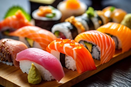 food japanese rice delicacy dish sushi shrimp seafood freshness gourmet meal set fresh black fish roll japan traditional asian salmon. Generative AI.