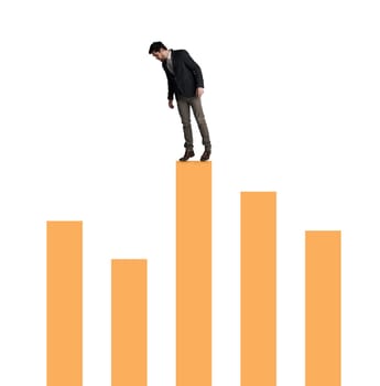 Stay alert, stocks dont stay the same forever. a businessman balancing on top of a graph against a white background