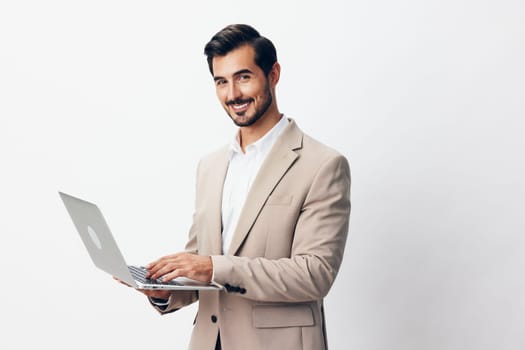 man business beige computer shirt freelancer wireless cheerful internet copyspace happy portrait suit job smiling adult stylish laptop using professional digital