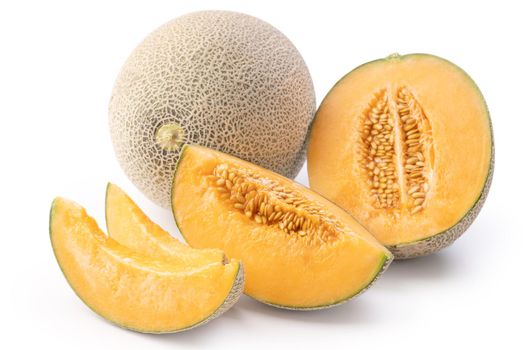 Beautiful tasty sliced juicy cantaloupe melon, muskmelon, rock melon isolated on white background, close up, clipping path, cut out.