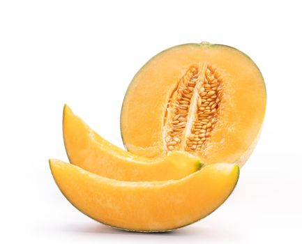 Beautiful tasty sliced juicy cantaloupe melon, muskmelon, rock melon isolated on white background, close up, clipping path, cut out.