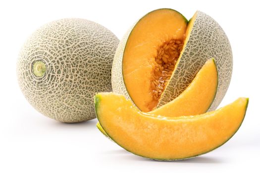 Beautiful tasty sliced juicy cantaloupe melon, muskmelon, rock melon isolated on white background, close up, clipping path, cut out.