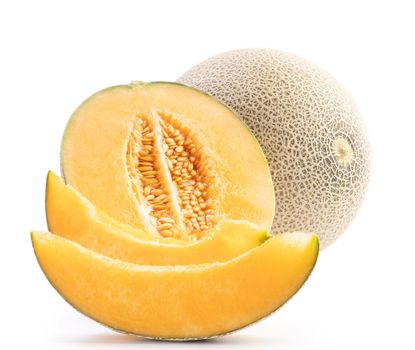 Beautiful tasty sliced juicy cantaloupe melon, muskmelon, rock melon isolated on white background, close up, clipping path, cut out.