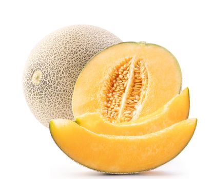 Beautiful tasty sliced juicy cantaloupe melon, muskmelon, rock melon isolated on white background, close up, clipping path, cut out.