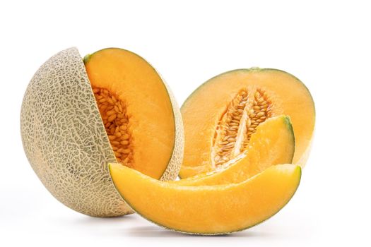 Beautiful tasty sliced juicy cantaloupe melon, muskmelon, rock melon isolated on white background, close up, clipping path, cut out.