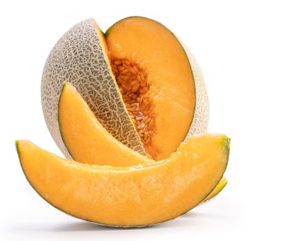 Beautiful tasty sliced juicy cantaloupe melon, muskmelon, rock melon isolated on white background, close up, clipping path, cut out.