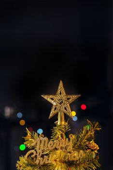 Beautiful Christmas decor concept, bauble hanging on the Christmas tree with sparkling light spot, blurry dark black background, macro detail, close up.