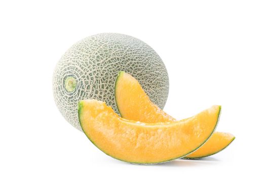Beautiful tasty sliced juicy cantaloupe melon, muskmelon, rock melon isolated on white background, close up, clipping path, cut out.