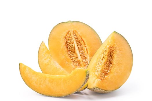Beautiful tasty sliced juicy cantaloupe melon, muskmelon, rock melon isolated on white background, close up, clipping path, cut out.