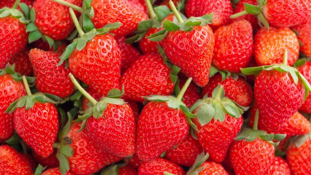 Beautiful and delicious strawberries in a wooden box basket, concept of organic farming, fresh direct delivery from orchard, close up.