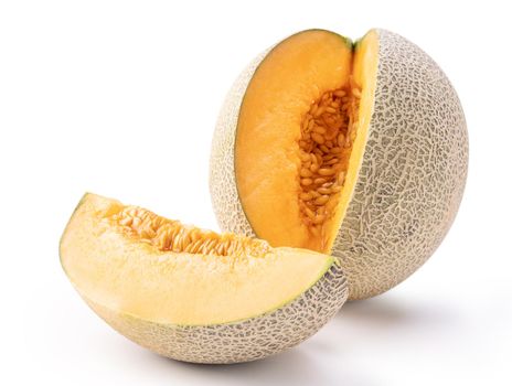 Beautiful tasty sliced juicy cantaloupe melon, muskmelon, rock melon isolated on white background, close up, clipping path, cut out.