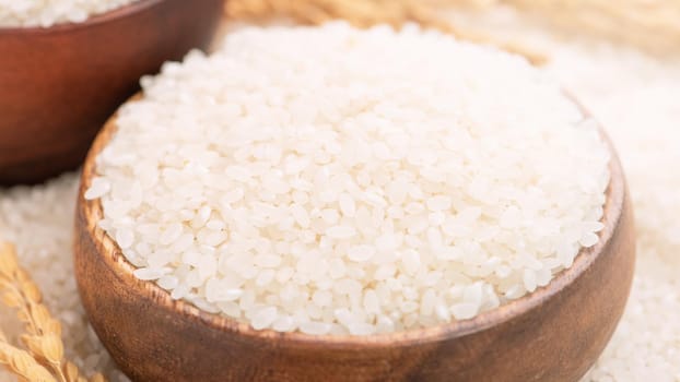 Raw white polished milled edible rice crop on white background in brown bowl, organic agriculture design concept. Staple food of Asia, close up.