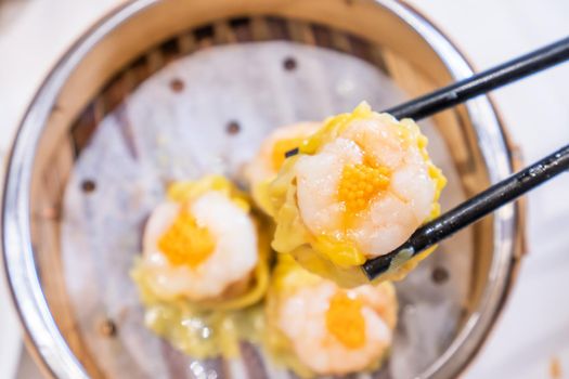 Siu Mai, one of Dim Sum yum cha, pork and shrimp steamed dumplings on restaurant house white background table for breakfast, lifestyle, close up.