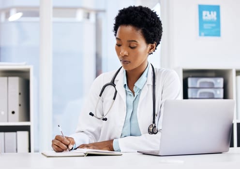 Medical, writing and doctor with black woman and schedule for planning, expert and research. Medicine, healthcare and report with employee and notebook in clinic for consulting, results and study.