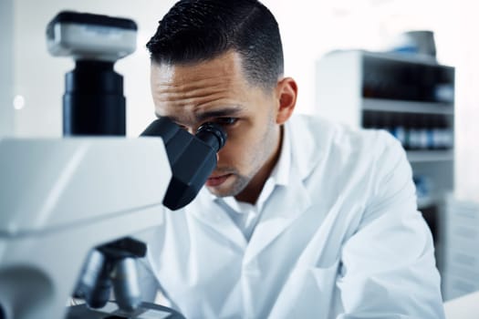 Research, microscope and man scientist in a laboratory for experiment, analysis and innovation. Science, development and male health expert checking results, cancer or bacteria or sample in a lab.