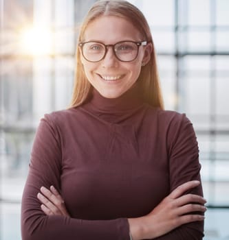 Closeup portrait of attractive business woman smiling at camera