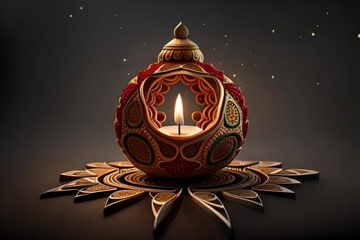 3D rendering indian lamp for diwali celebration on soft background ethereal. Colorful particle effects in the background. Gold filigree on a indian lamp. AI-generated Digital Art